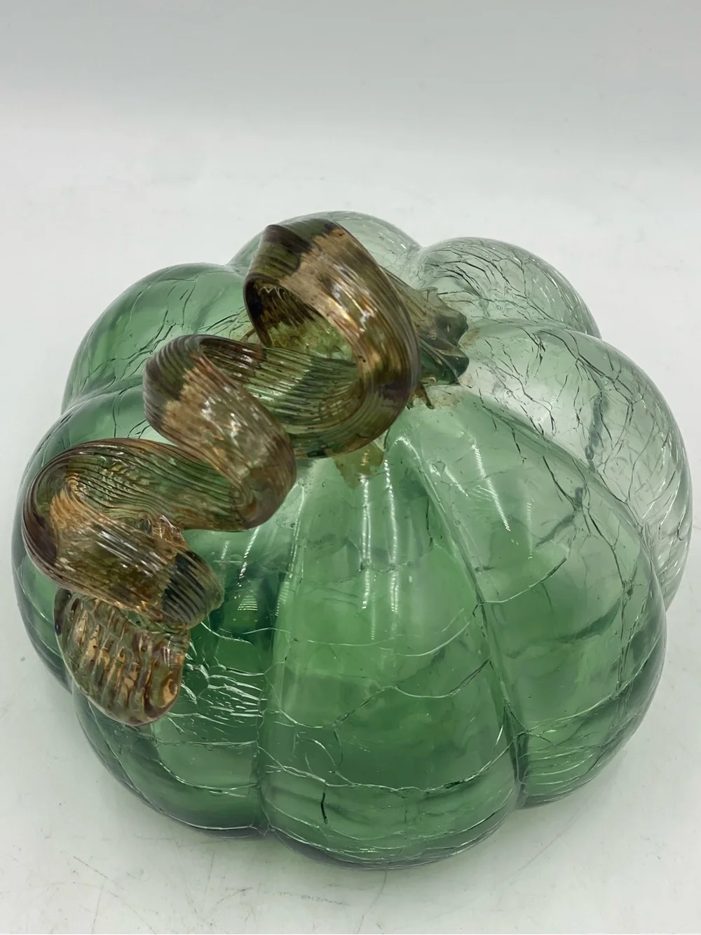 Vintage Hand Blown Green Ombre Crackle Art Glass Pumpkin with Amber Twisted Stem